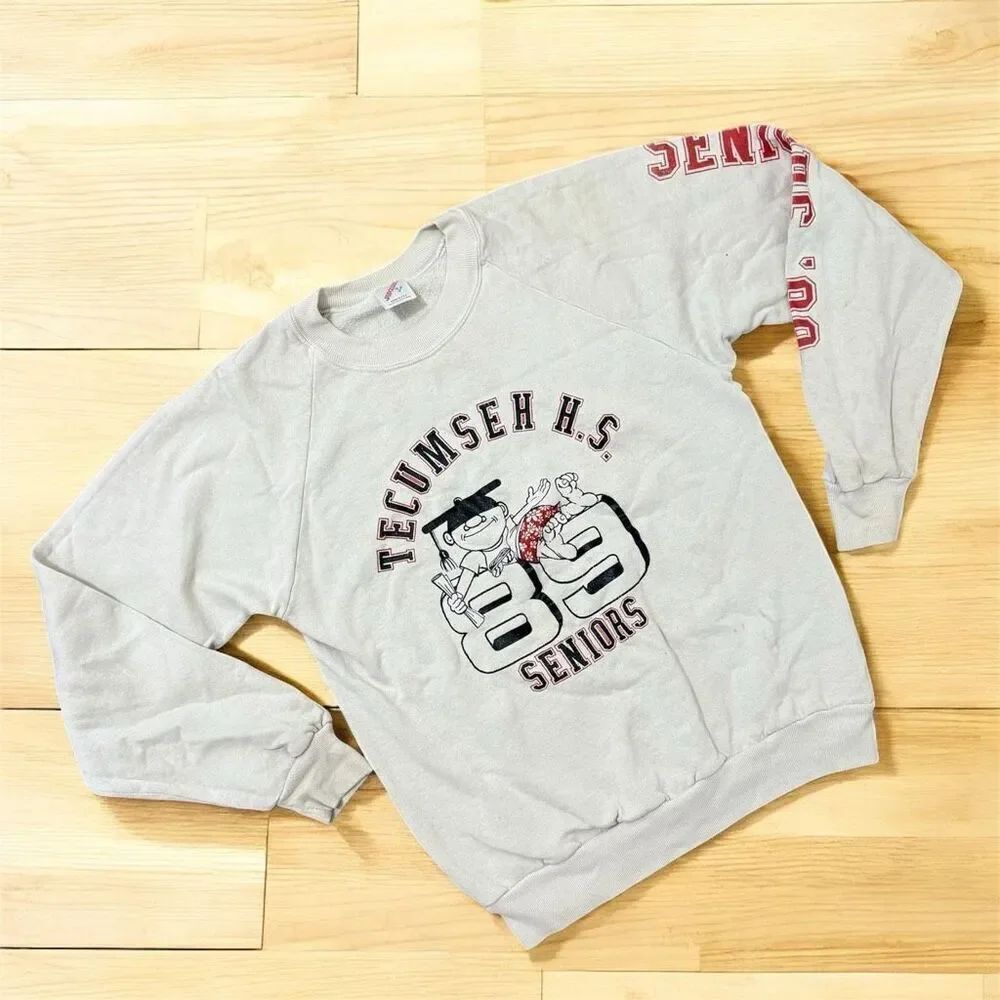 Vintage 80s Cream School Sweatshirt Tecumseh HS Seniors Graphic Sweatshirt